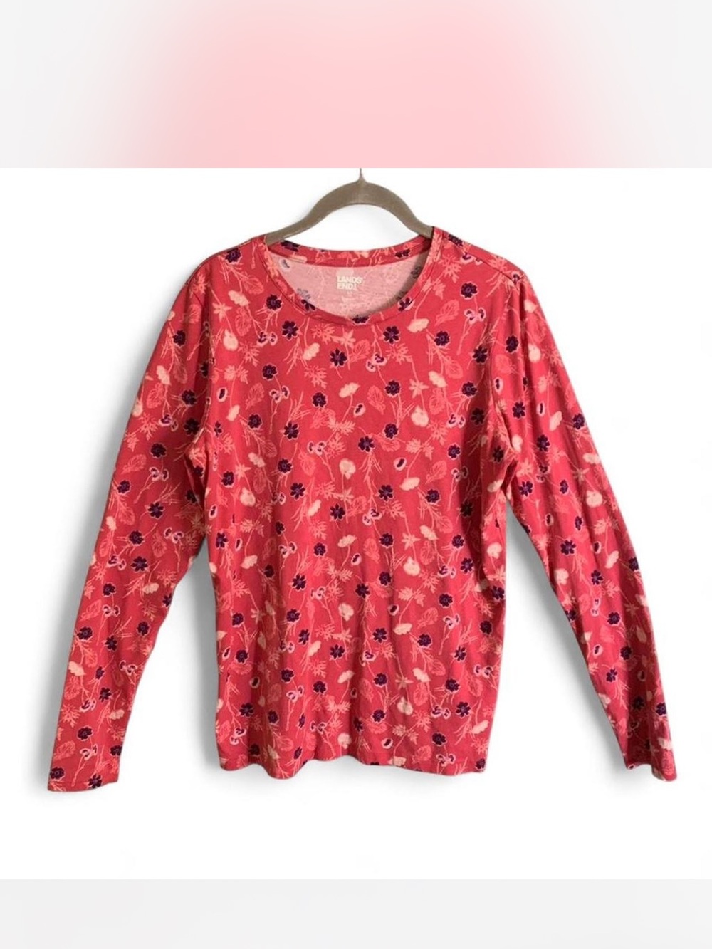 Cottagecore Land’s End Women’s Coral Pink Floral Long-Sleeve Tee size ST(tall)